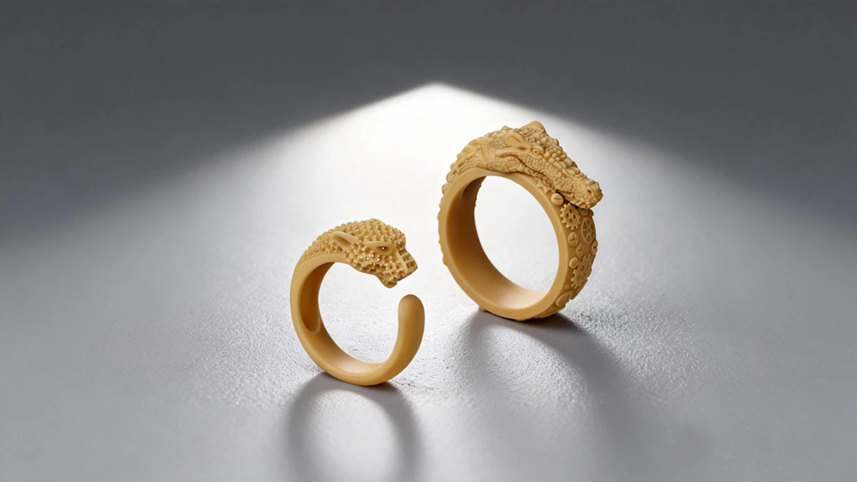 Display of 3D printed dragon and leopard ring prototypes made with NextShapes High Resolution 12K Red Wax Resin, showcasing casting-level precision and intricate detail reproduction