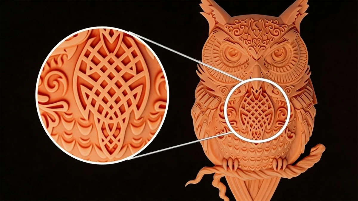 Detail display of 3D printed owl model made with NextShapes Hight Resolution 12K Pro Red Wax Resin, showcasing ultra-smooth surface and intricate pattern reproduction