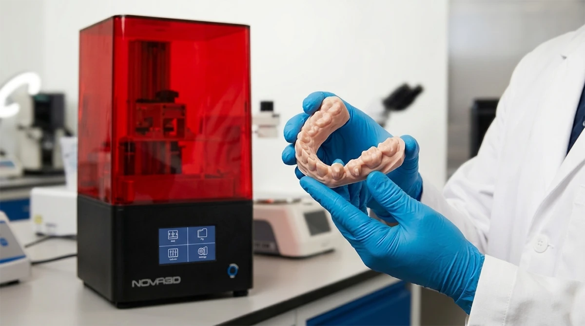 Display of 3D printed dental model held in hand and LCD 3D printer using NextShapes Dental Model Resin, showcasing clinical prototyping workflow