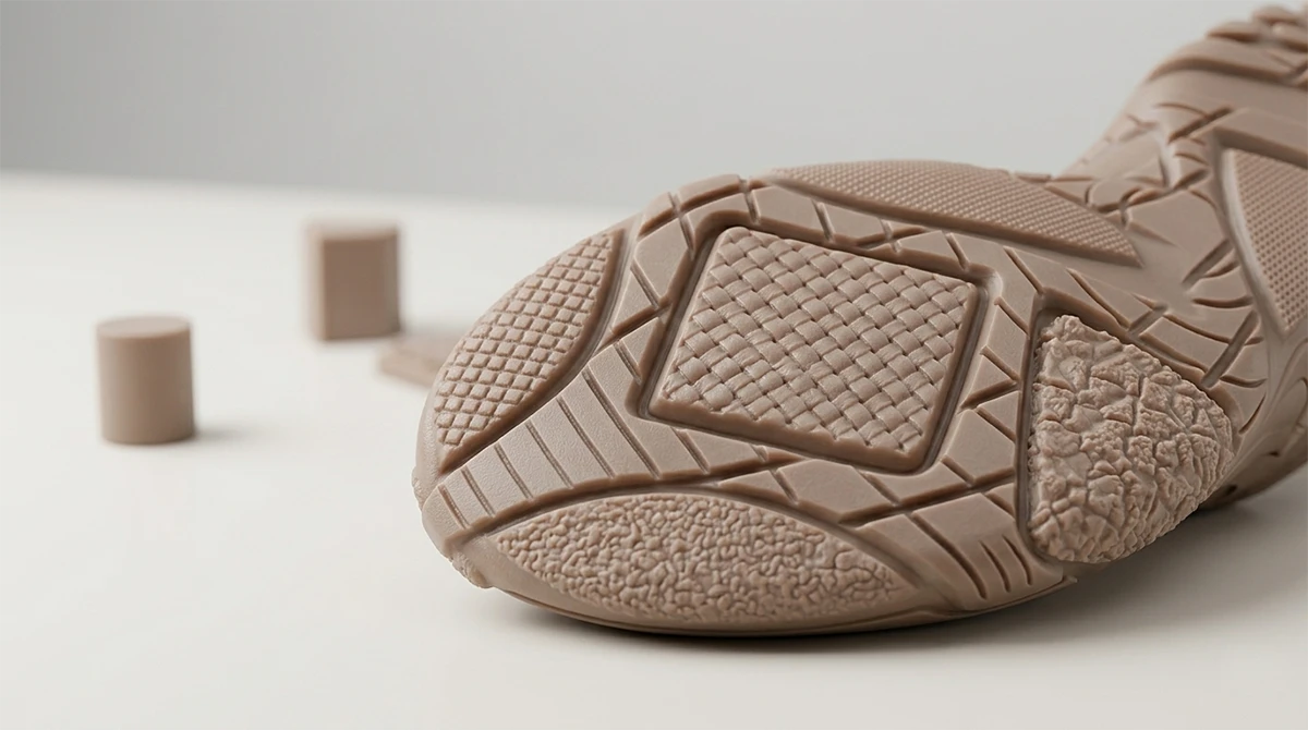Detail display of 3D printed shoe sole model made with NextShapes Precision Model Resin, showcasing ultra-fine tread pattern clarity and sharp edge definition
