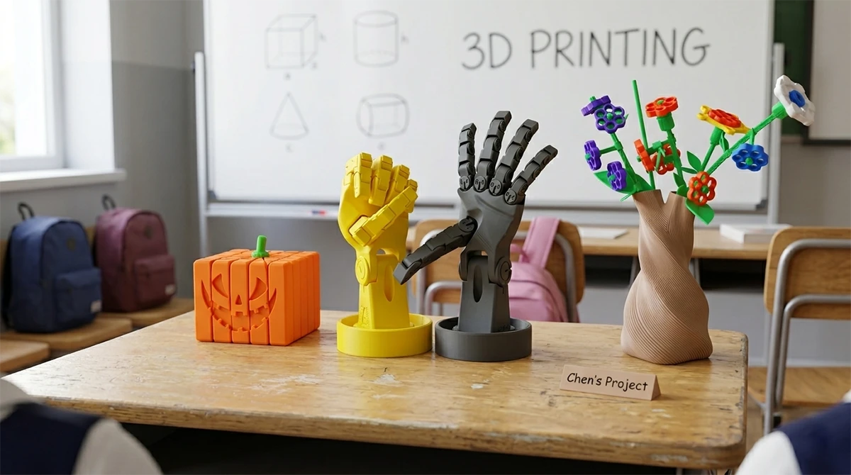 Display of 3D printed creative models (robotic hand, pumpkin, vase) made with NextShapes Matte PLA filament in a classroom setting, showcasing matte finish and reduced layer lines