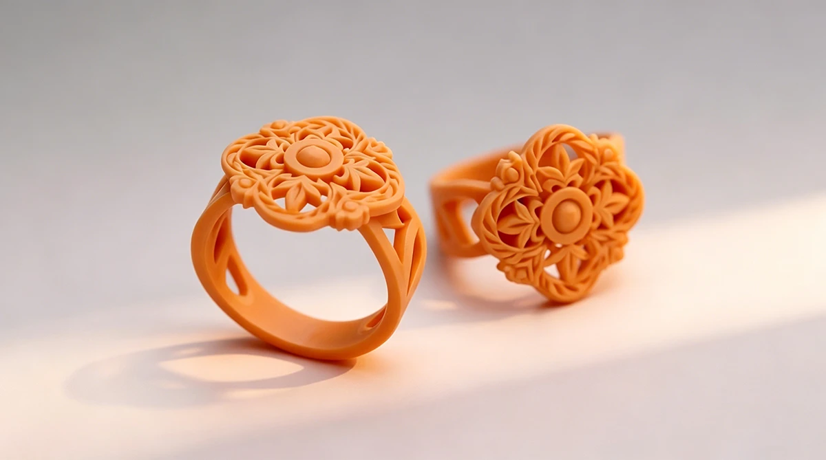 Display of 3D printed lace ring prototypes made with NextShapes Hight Resolution 12K Red Wax Resin, showcasing intricate filigree detail and casting-grade precision
