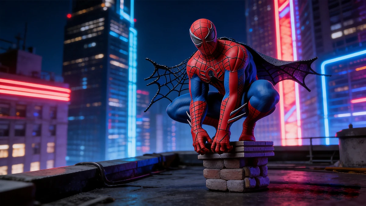 Display of 3D printed Spider-Man figure in cyberpunk scene made with NextShapes Standard Pro Rigid Resin, showcasing ultra-high detail reproduction and smooth surface finish