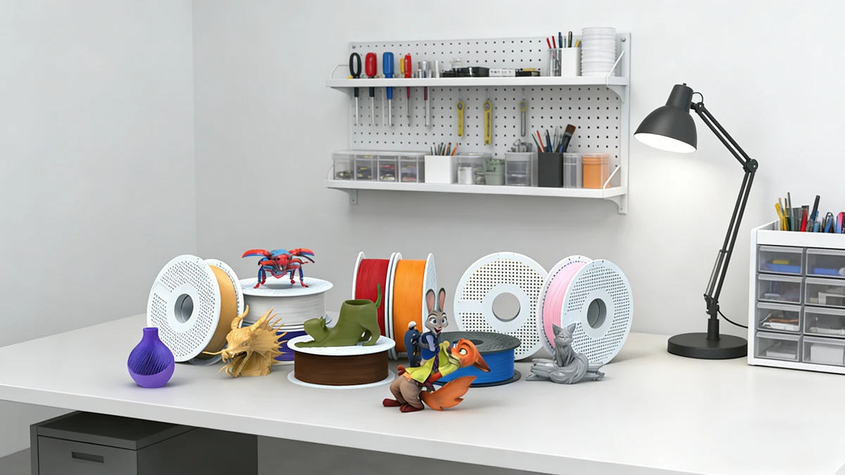 Display of 3D printed figure collection and filament spools made with NextShapes PETG HF filament, showcasing creative applications and vibrant color options