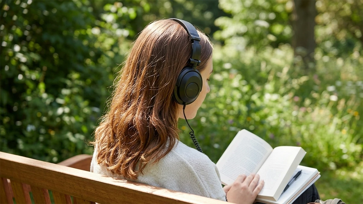 Outdoor wearing display of 3D printed over-ear headphones made with NextShapes ABS Like Pro Resin, demonstrating ergonomic fit and real-world usability