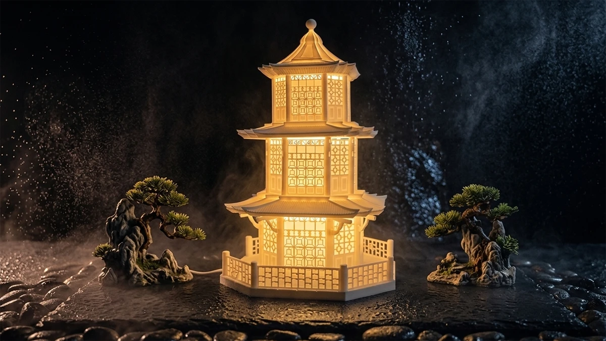 Display of 3D printed illuminated pagoda model made with NextShapes Standard PLA filament, showcasing high dimensional accuracy and smooth surface finish
