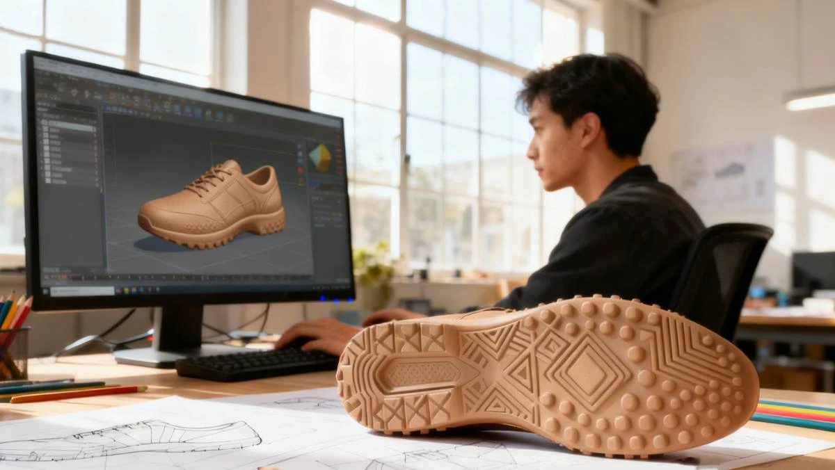 Display of 3D printed shoe sole mold and digital shoe design made with NextShapes Precision Model Resin, showcasing high-precision sole texture reproduction