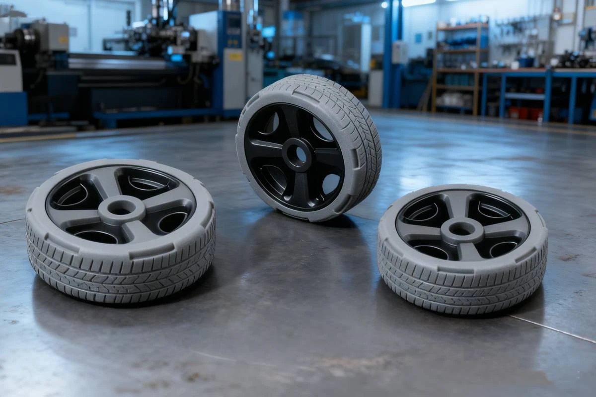 Factory display of 3D printed wheel models made with NextShapes Precision ABS Gray Resin, demonstrating high strength and dimensional stability