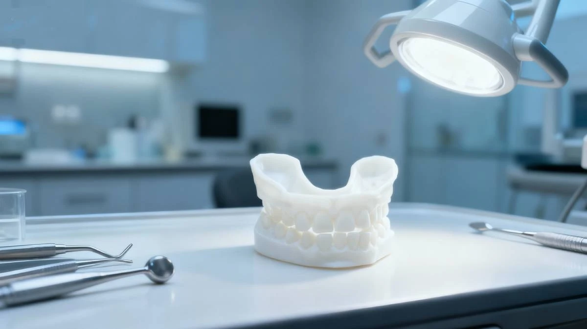 Clinical display of 3D printed maxillary dental model made with NextShapes Precision Stone Resin, showcasing high dimensional accuracy and gypsum-like appearance