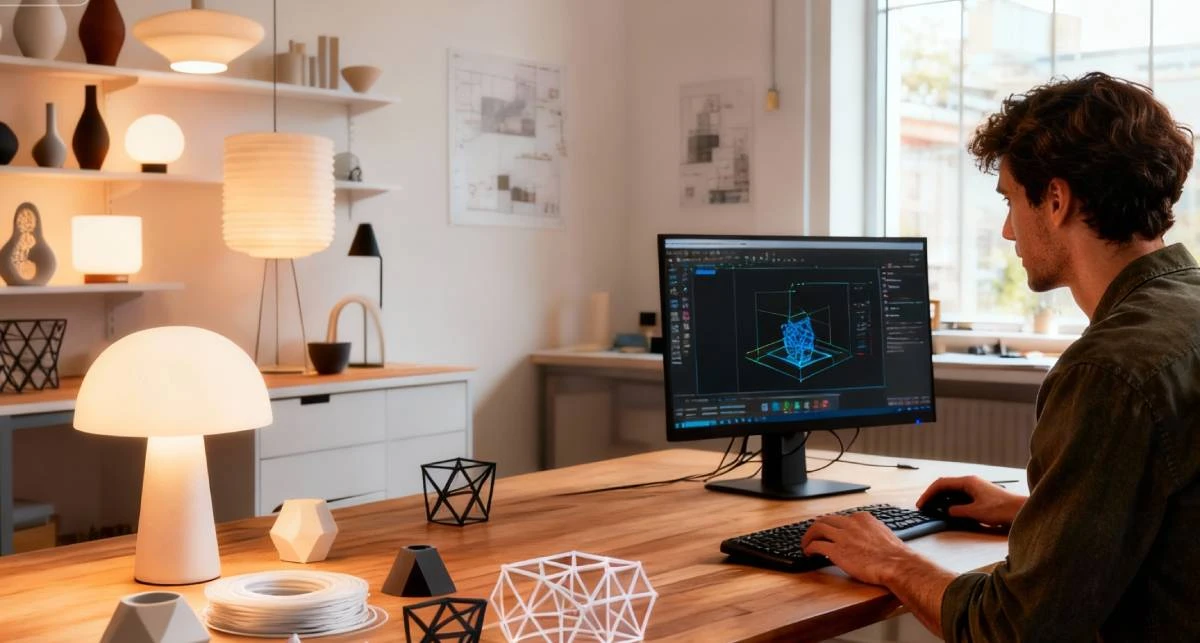 Display of creative lamps in designer's studio made with NextShapes Standard PLA filament, showcasing smooth curved surfaces and creative lighting design