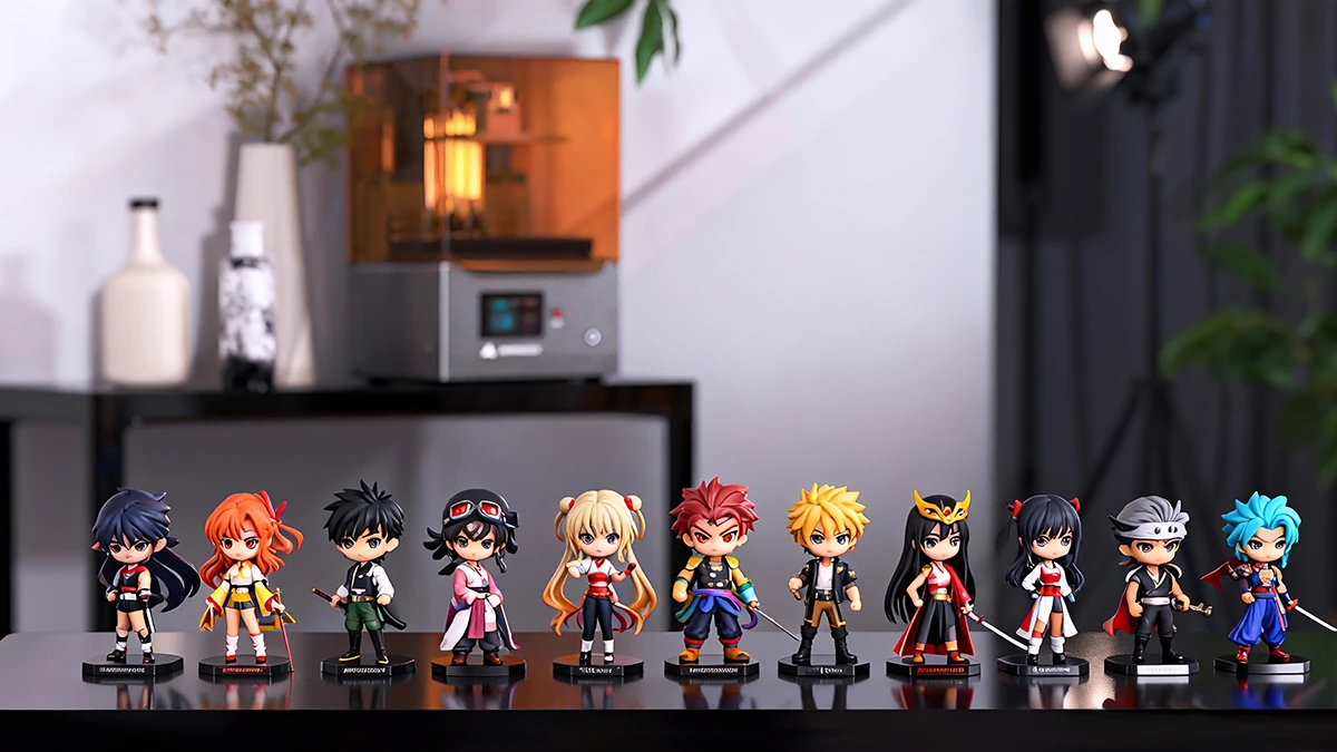 Collection display of 3D printed anime figurines made with NextShapes Standard Pro Resin, showcasing high detail reproduction and vibrant color fidelity