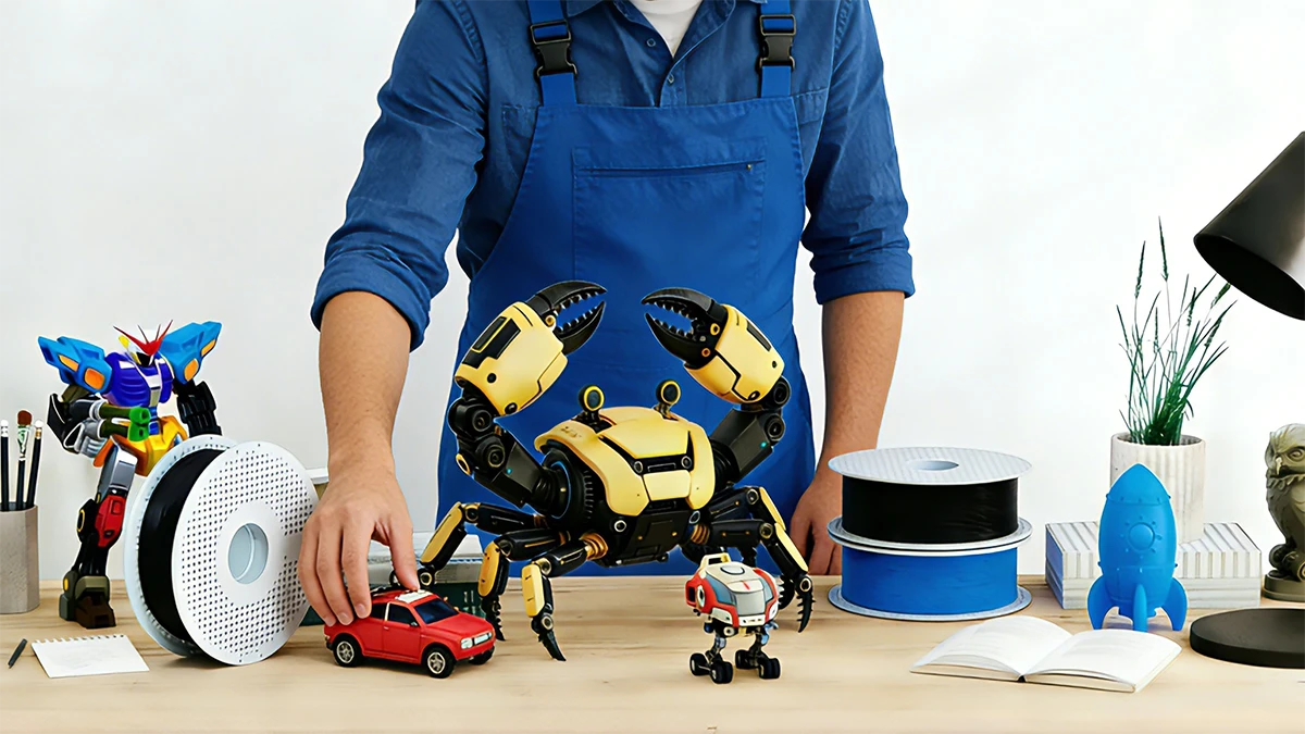 Display of 3D printed desktop creative models (robot, mecha, rocket) made with NextShapes PETG HF filament, showcasing high toughness and vibrant color options