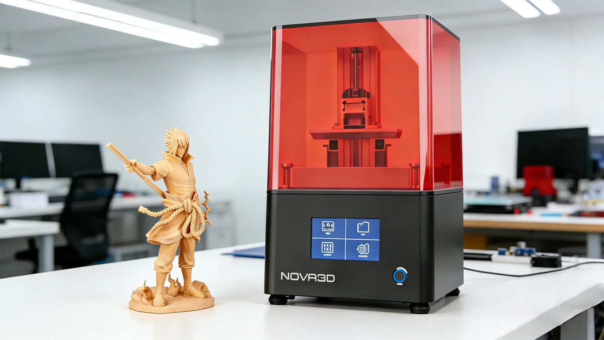 Display of 3D printed Wukong figure and LCD 3D printer using NextShapes Hight Resolution 8K Pro Resin, showcasing high-precision model making workflow
