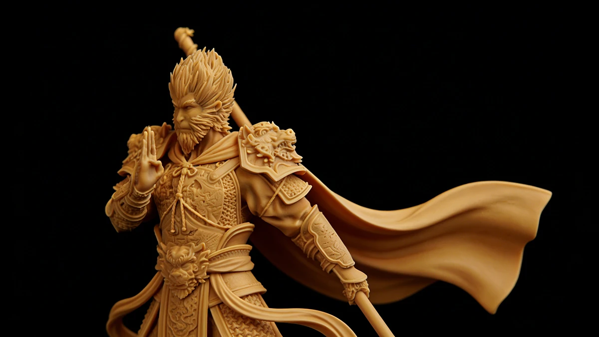 Display of 3D printed ancient general figurine made with NextShapes HR 8K Pro Resin, showcasing intricate armor details and flowing cape texture