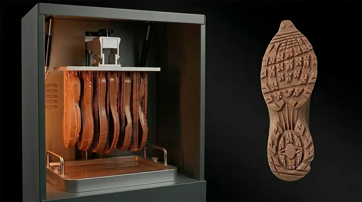Display of 3D printed shoe mold batch printing and finished sole made with NextShapes 405nm Resin, showcasing high detail texture and batch production capability