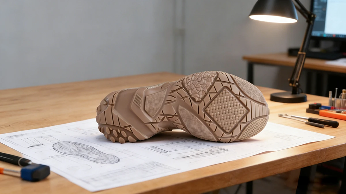 Display of 3D printed single shoe sole model made with NextShapes Precision Model Resin, showcasing dimensional stability and intricate tread pattern detail for design verification