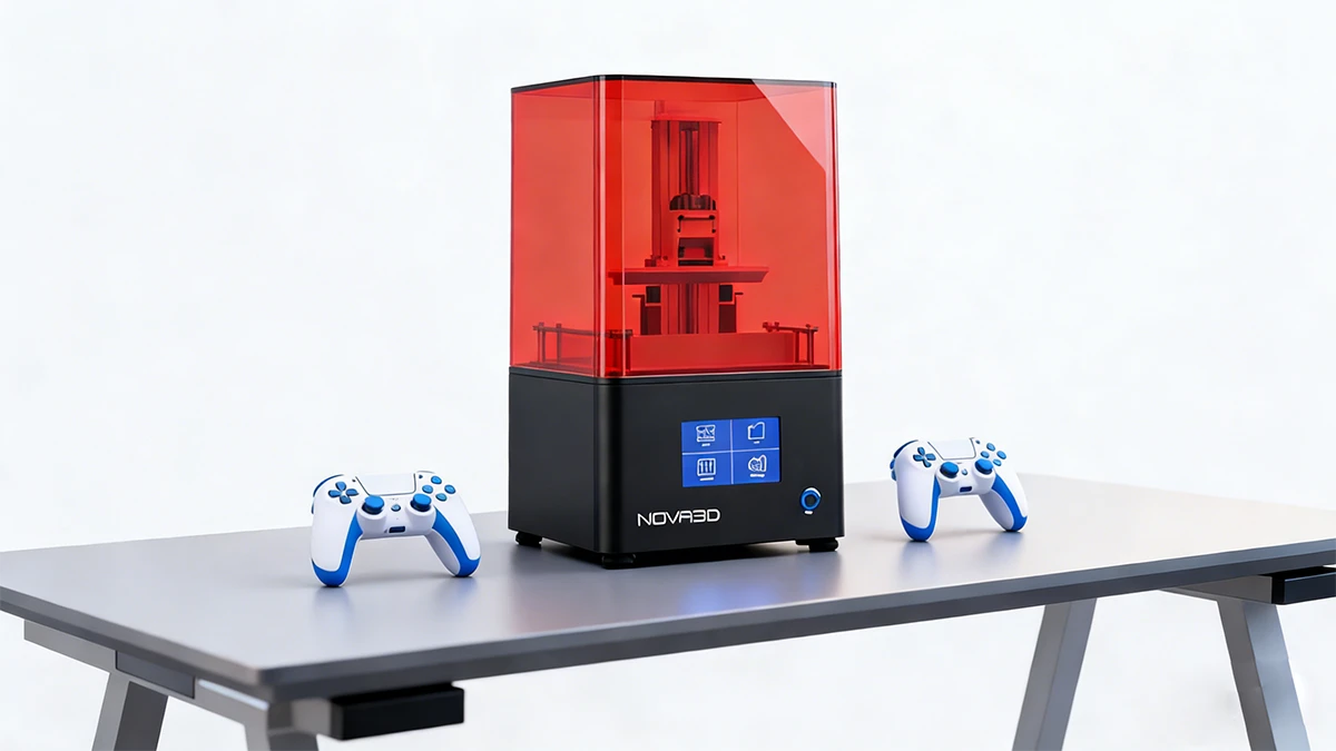 Display of LCD 3D printer and 3D printed game controller prototypes made with NextShapes Standard Pro Resin, showcasing high-precision prototyping workflow
