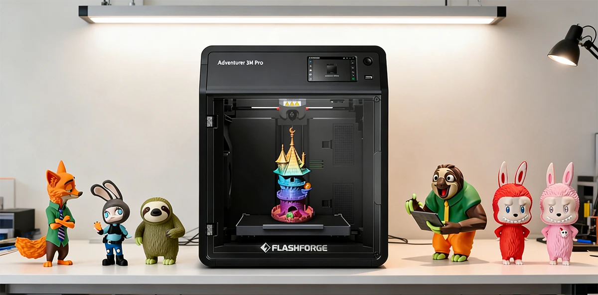 Display of FDM 3D printer and 3D printed figure models made with NextShapes PETG HF filament, showcasing high-speed printing capability and finished model quality