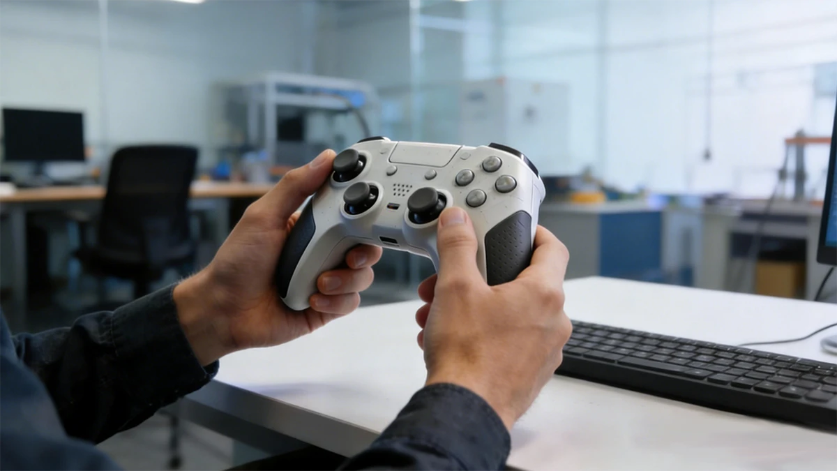 Handheld testing view of 3D printed gamepad prototype made with NextShapes Standard Pro Resin, demonstrating ergonomic feel and functional durability