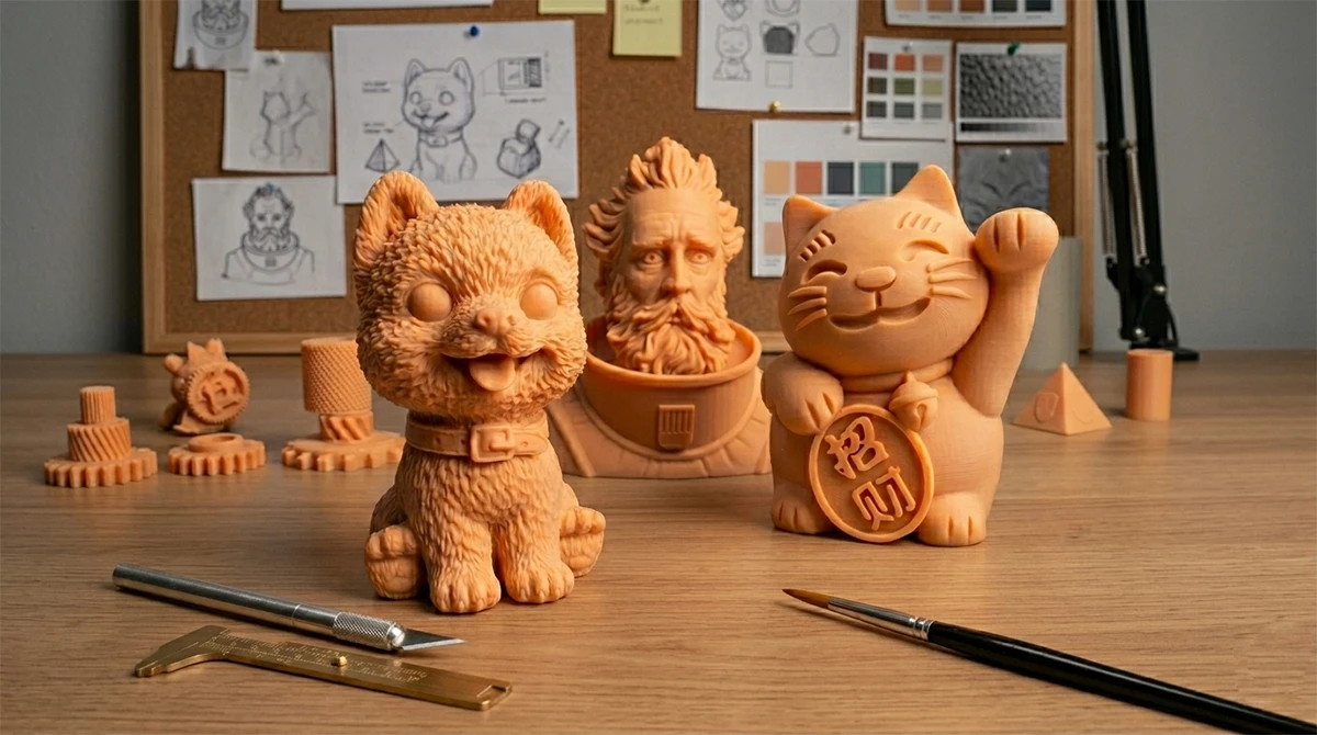 Collection display of 3D printed creative models (lucky cats, busts) made with NextShapes Water Washable Resin, showcasing multi-color options and fine detail reproduction