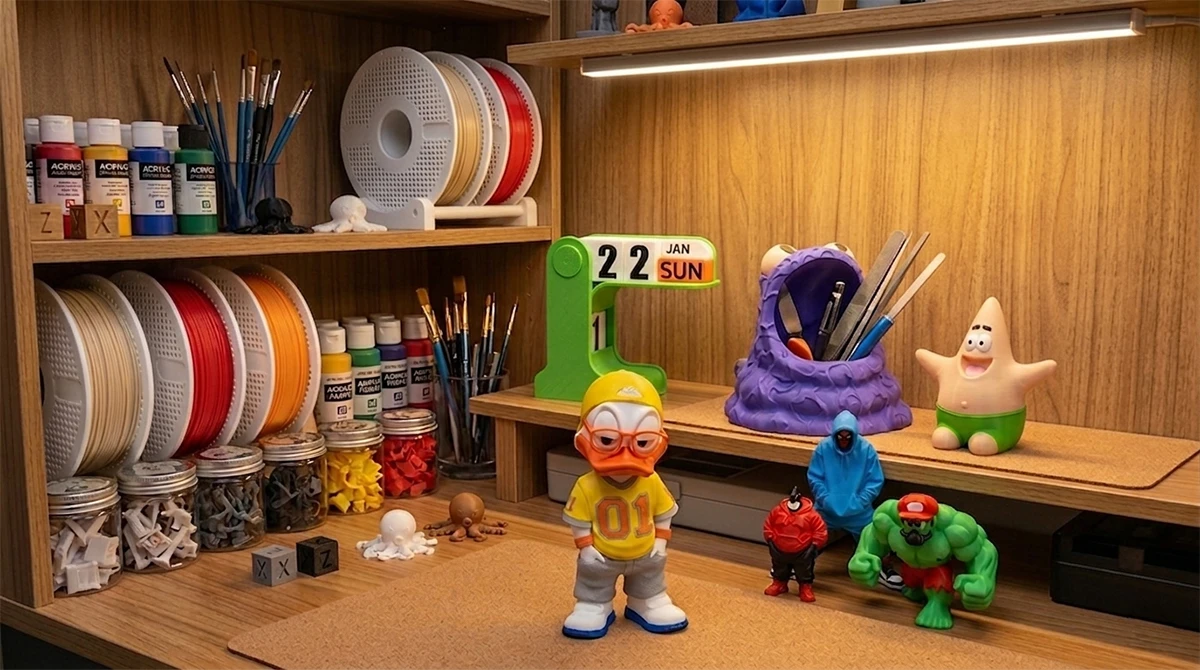 Collection display of 3D printed figures and PETG HF filament spools made with NextShapes, showcasing creative applications and vibrant color options