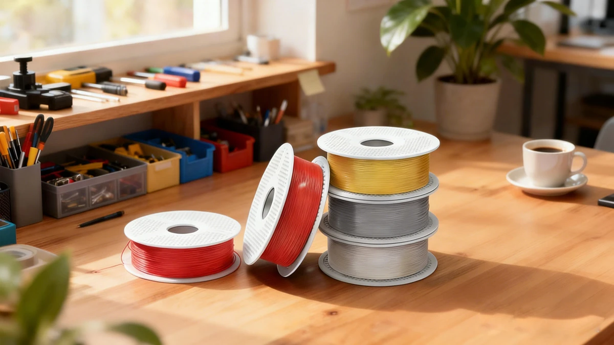 Display of multi-color NextShapes PETG HF filament spools, showcasing vibrant color options and high-speed printing material