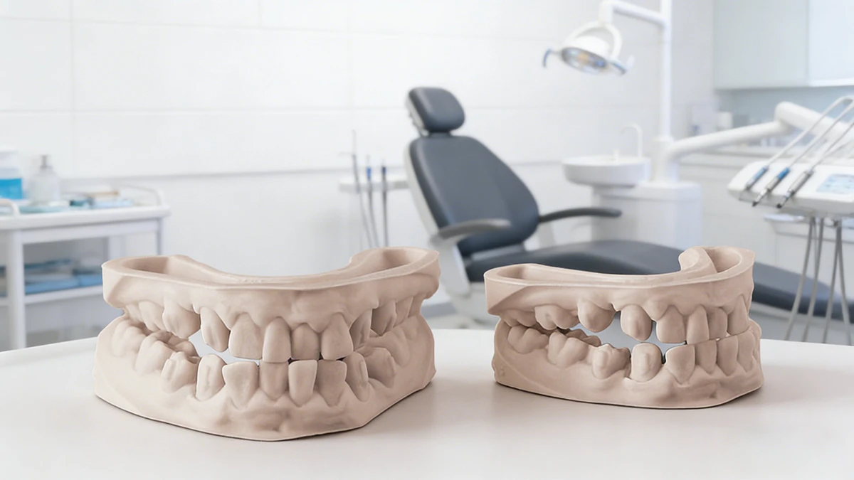 Display of 3D printed dual-arch teaching dental models made with NextShapes Dental Model Resin, demonstrating standardized training solution