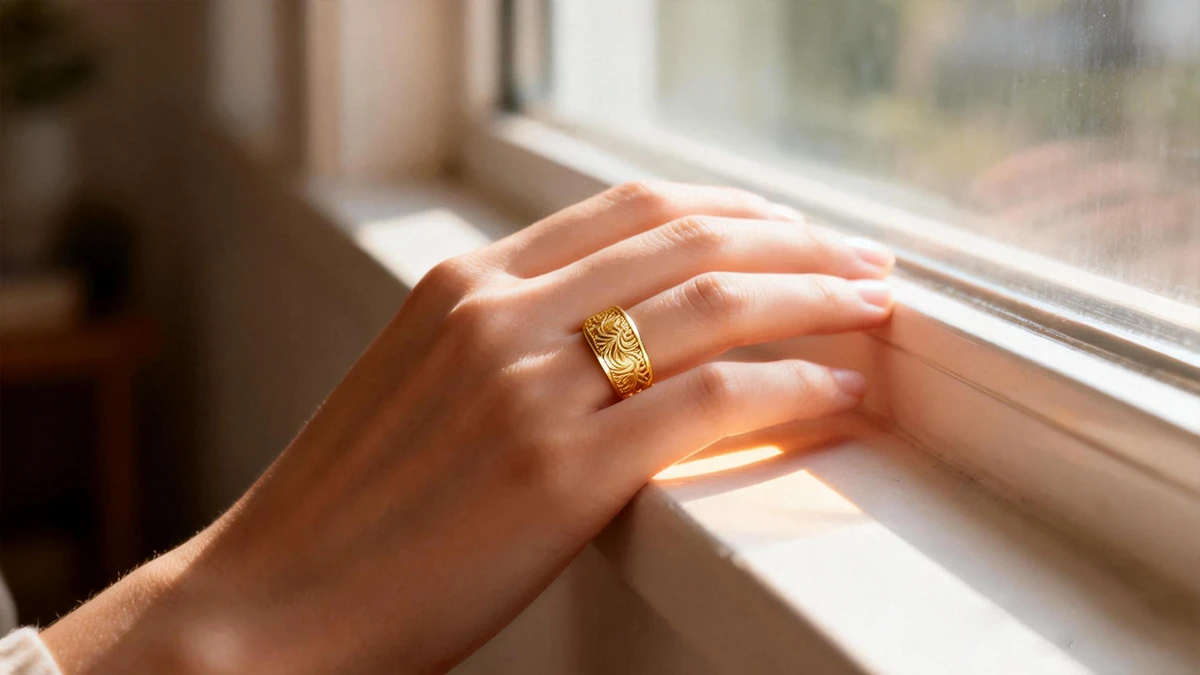 Worn display of cast gold ring made from 3D printed prototype with NextShapes High Resolution 12K Red Wax Resin, demonstrating successful lost-wax casting result
