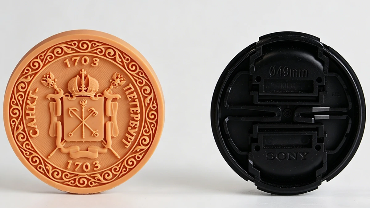 Display of 3D printed emblem and Sony housing models made with NextShapes Hight Resolution 12K Pro Red Wax Resin, demonstrating high dimensional accuracy and no-sanding surface finish