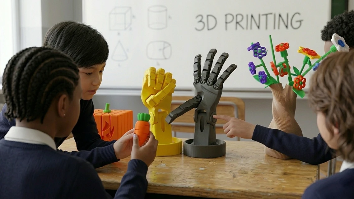 Display of students interacting with 3D printed models made with NextShapes Matte PLA filament, demonstrating hands-on educational application and model durability