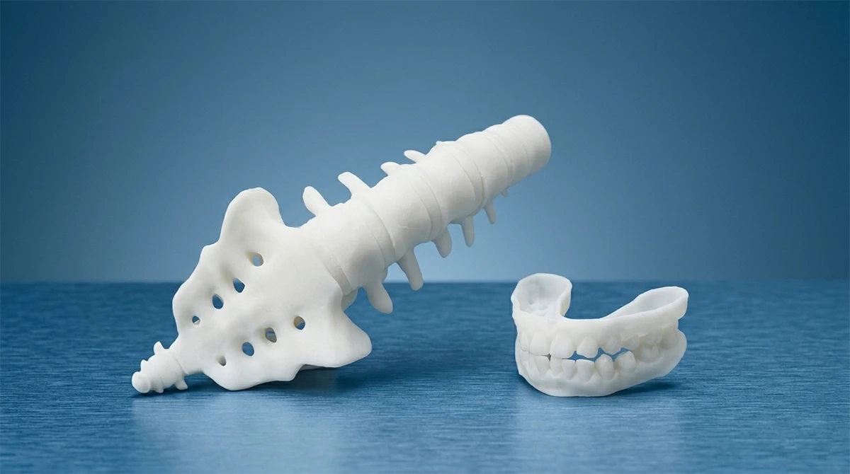 Display of 3D printed spine model and mandibular dental model made with NextShapes Precision Stone Resin, highlighting dimensional stability and durability
