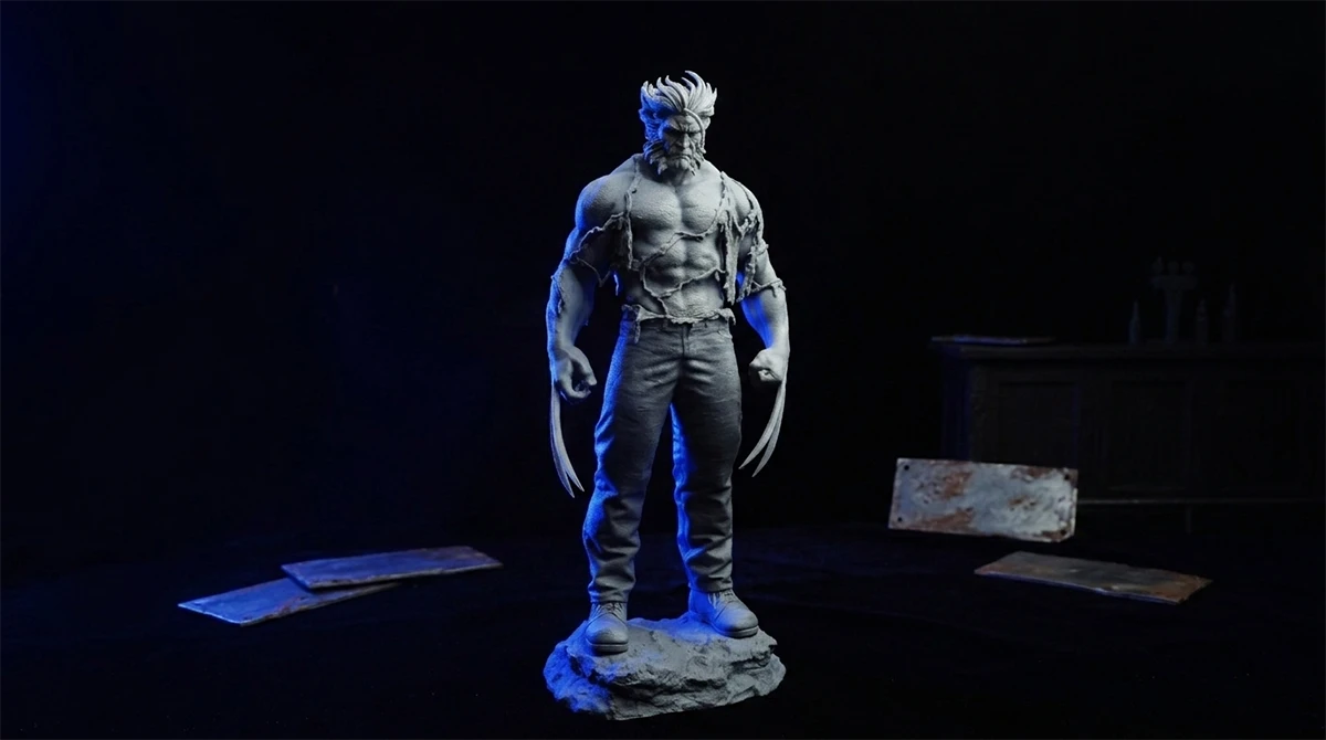 Detail display of 3D printed Wolverine figure made with NextShapes Standard Pro Rigid Resin, highlighting intricate muscle textures and sharp edge definition