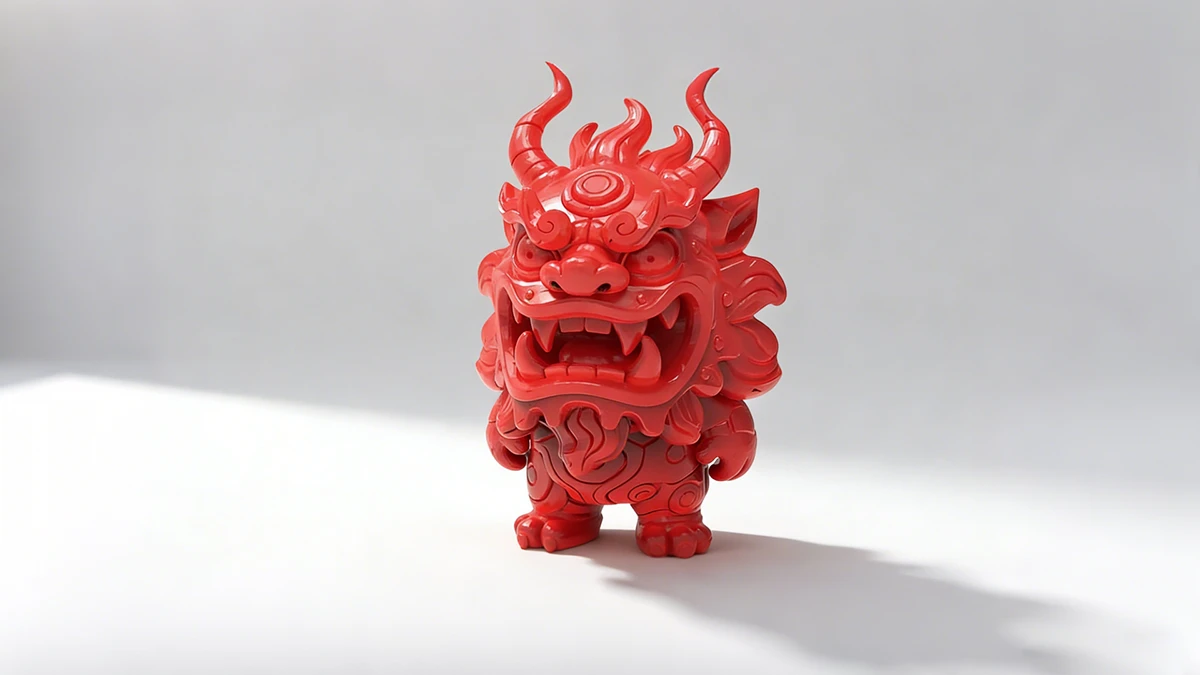 Display of 3D printed red mythical beast figure made with NextShapes PETG HF filament, highlighting high toughness, smooth surface finish, and intricate detail reproduction