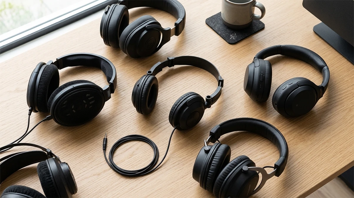 Desktop display of multiple 3D printed headphone prototypes made with NextShapes ABS Like Pro Resin, showcasing batch production and design iteration capability