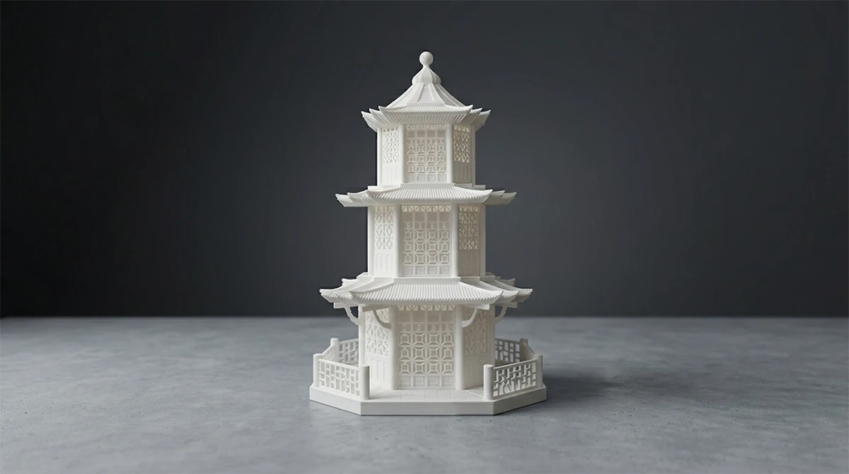 Display of 3D printed white pagoda model made with NextShapes Standard PLA filament, demonstrating intricate architectural details and assembly precision