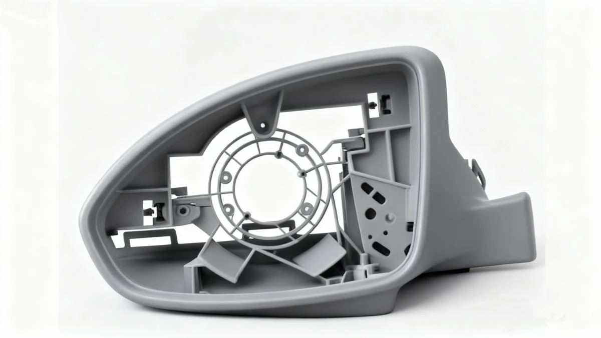 Structure display of 3D printed rearview mirror bracket made with NextShapes Precision ABS Gray Resin, highlighting complex internal geometry and precision