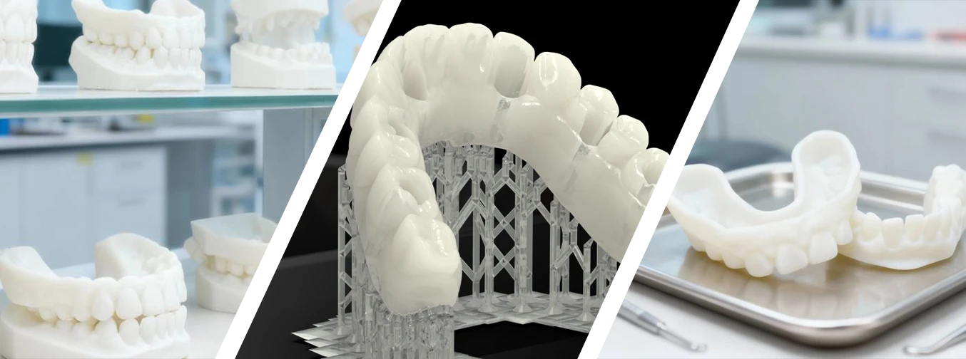 Collection scene display of multiple 3D printed dental models (with support structures, finished models) made with NextShapes Precision Stone Resin, demonstrating full workflow from printing to clinical use