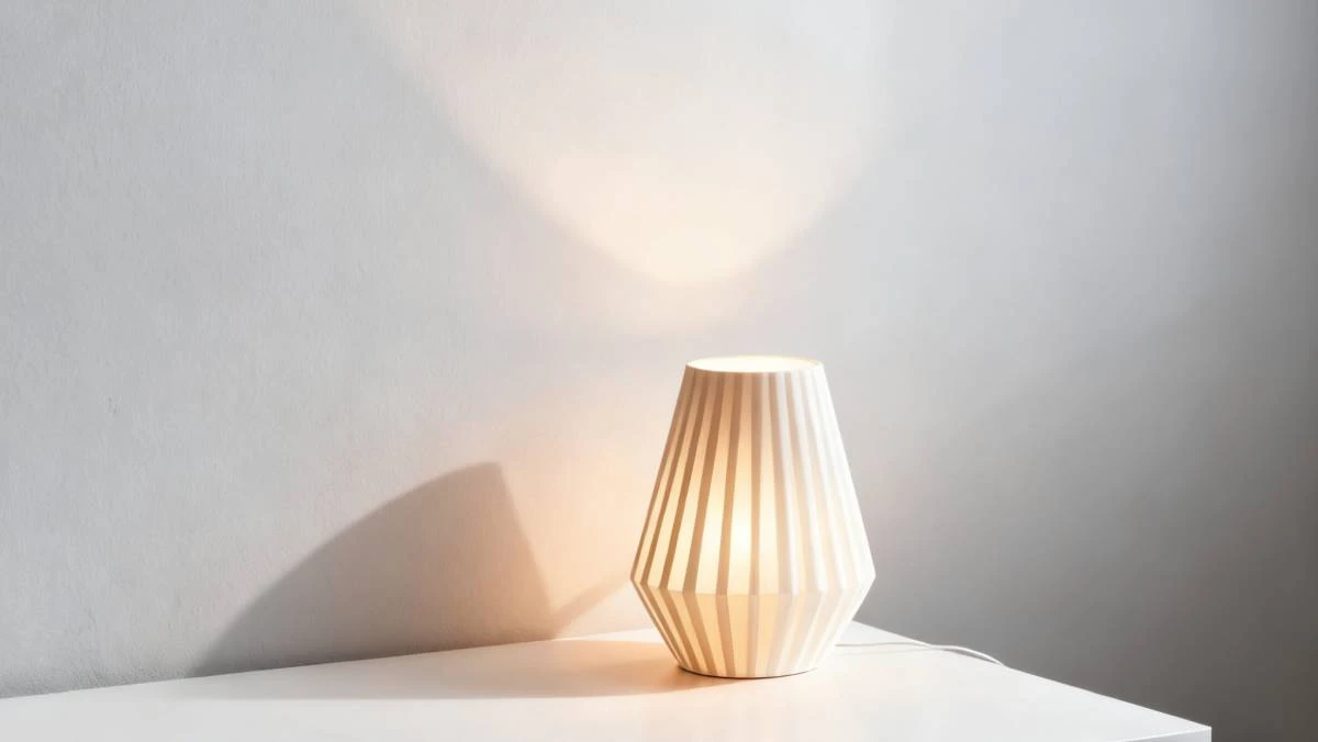 Display of finished 3D printed ridged table lamp made with NextShapes Standard PLA filament, highlighting soft light diffusion and structural stability
