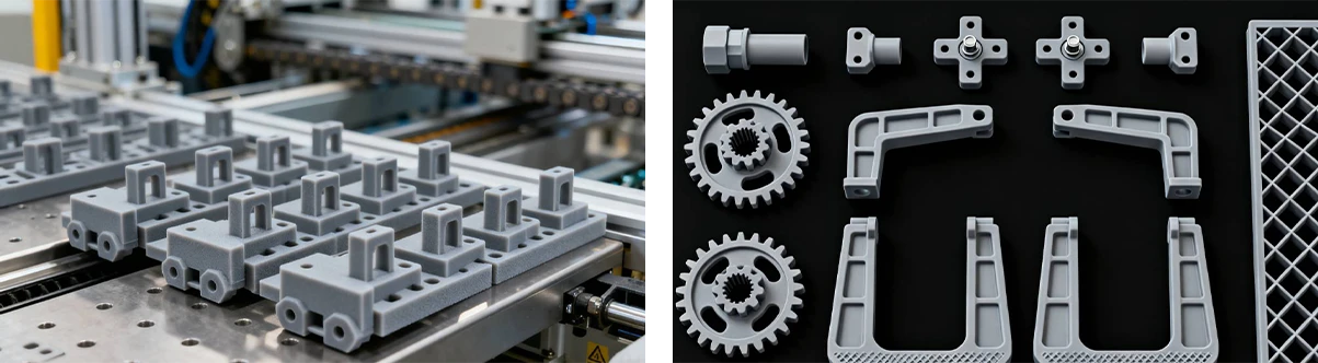 Collection display of 3D printed functional parts (brackets, gears, housings) made with NextShapes Precision ABS Gray Resin, demonstrating versatile engineering applications