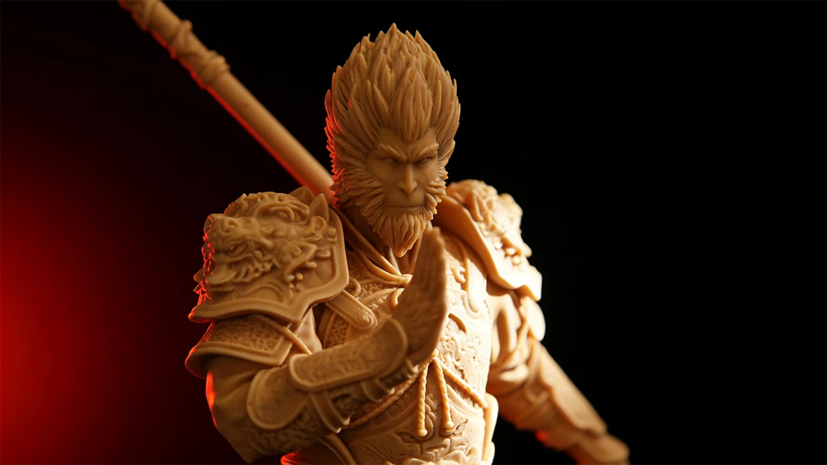 Close-up detail of 3D printed Wukong figure made with NextShapes Hight Resolution 8K Pro Resin, highlighting intricate hair textures, armor carvings, and dimensional accuracy