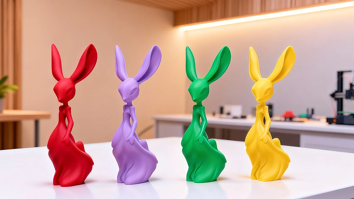 Display of 3D printed colorful rabbit models made with NextShapes PETG HF filament, highlighting vibrant color options and intricate geometry