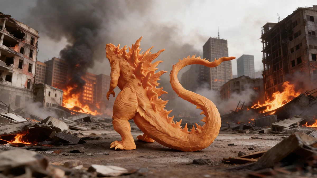 Scene display of 3D printed monster figurine in post-apocalyptic setting made with NextShapes HR 8K Pro Resin, highlighting dramatic pose and spiky texture detail