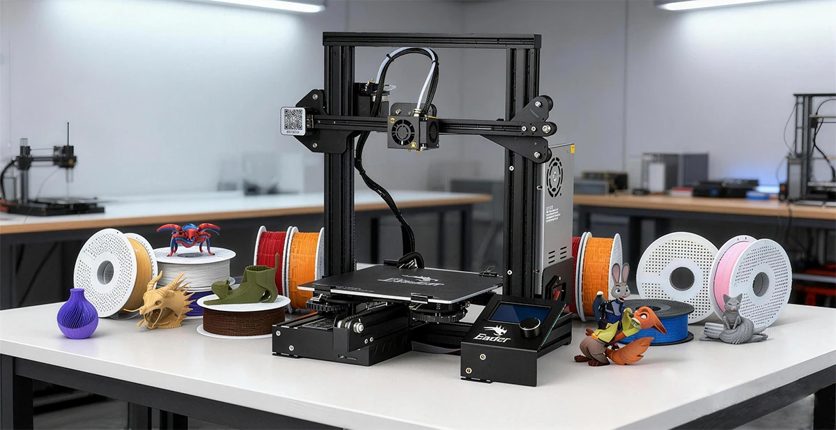 Display of studio workspace, FDM 3D printers, and NextShapes PETG HF filament spools, demonstrating scalable high-speed prototyping workflow