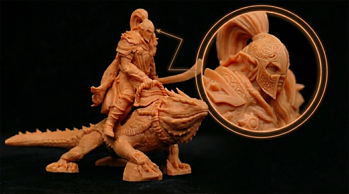 Detail display of 3D printed knight-on-dragon figure made with NextShapes Water Washable Resin, highlighting intricate armor and creature textures
