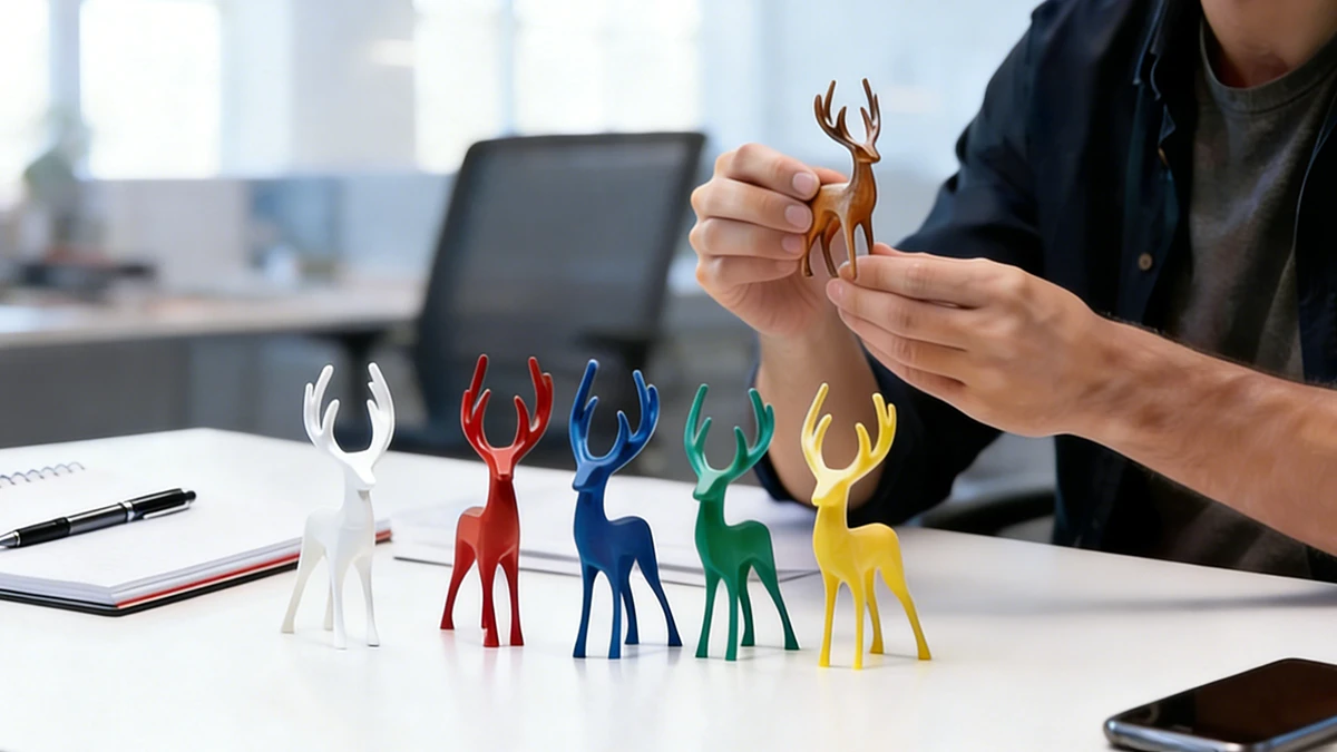Display of 3D printed colorful deer models made with NextShapes PETG HF filament, highlighting smooth surface finish and high toughness
