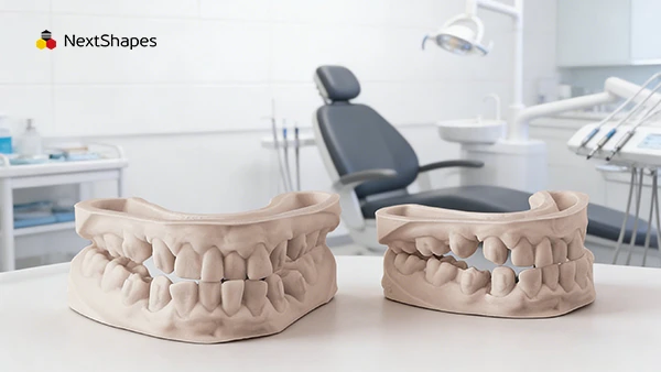 Display of 3D printed dual-arch teaching dental models made with NextShapes Dental Model Resin, demonstrating standardized training solution