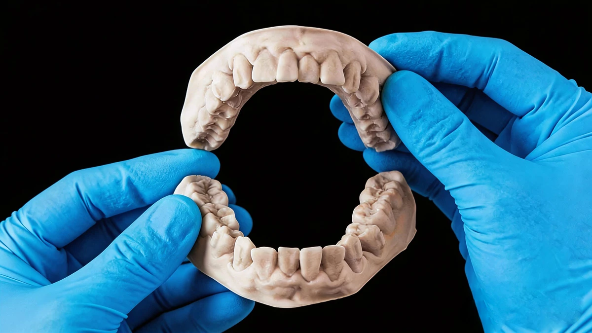 Handheld detail display of 3D printed mandibular arch model made with NextShapes Dental Model Resin, showcasing clear gingival margins and dimensional stability