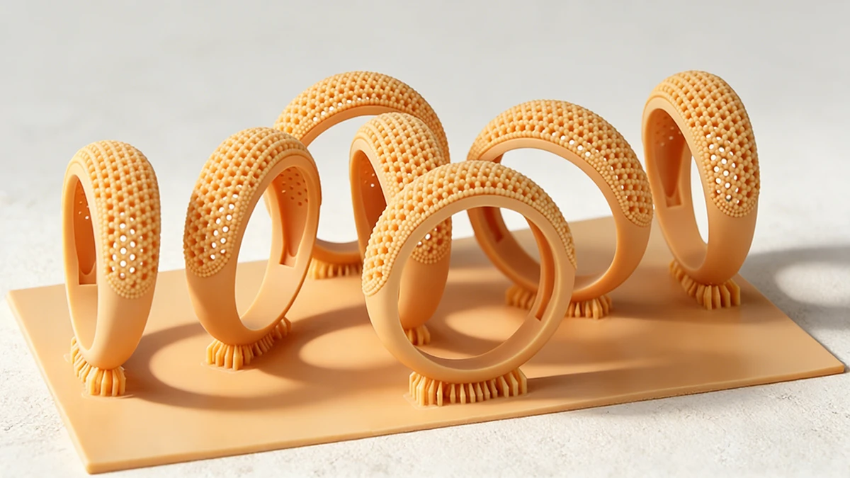 Array display of 3D printed lace rings made with NextShapes High Resolution 12K Red Wax Resin, highlighting easy support removal and casting-friendly performance