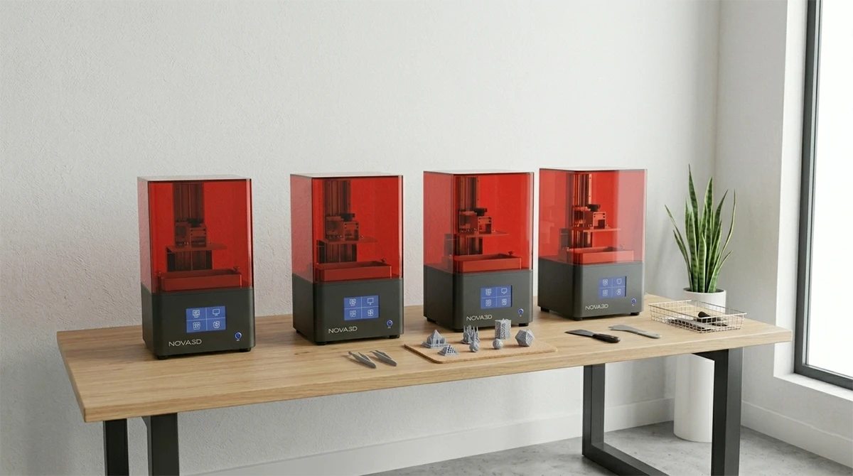 Production setup display of multi-LCD printer array using NextShapes ABS Like Plus Resin, showcasing scalable small-batch functional parts production