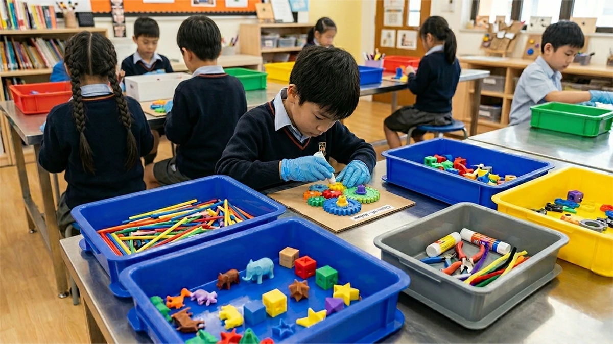 Display of educational classroom 3D printing activity using NextShapes Matte PLA filament, highlighting ease of use and compatibility with educational environments
